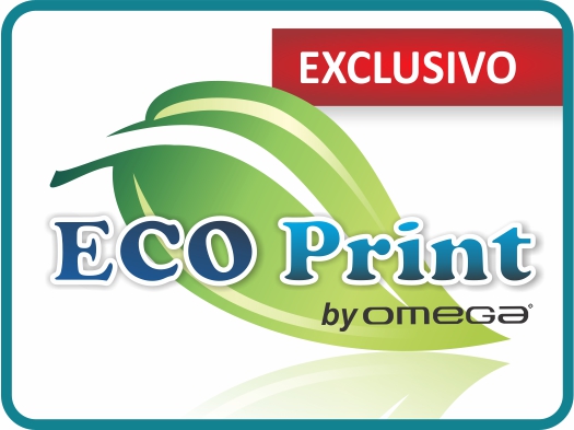 Logo ECO Print by Omega con hoja verde y sello rojo de exclusivo.