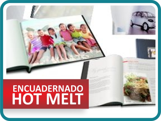 Ejemplo de encuadernado Hot Melt con libros y catálogos abiertos mostrando páginas a color.