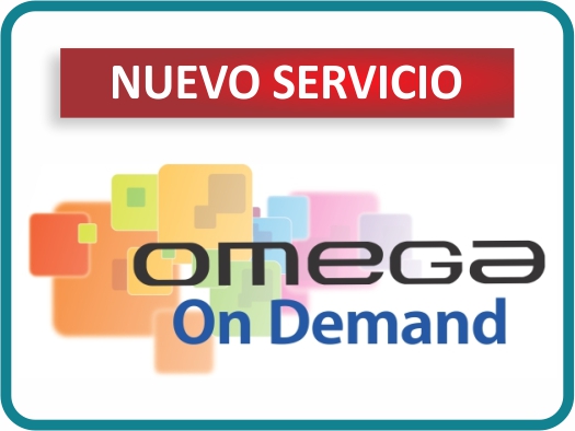 Anuncio de nuevo servicio “Omega On Demand” con fondo colorido y texto principal en negro y azul.