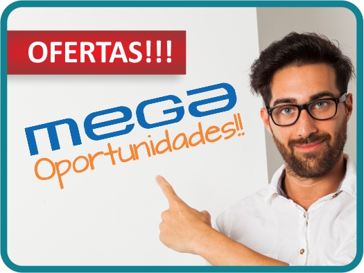 Hombre señalando un cartel con el texto “Ofertas!!! Mega oportunidades”.