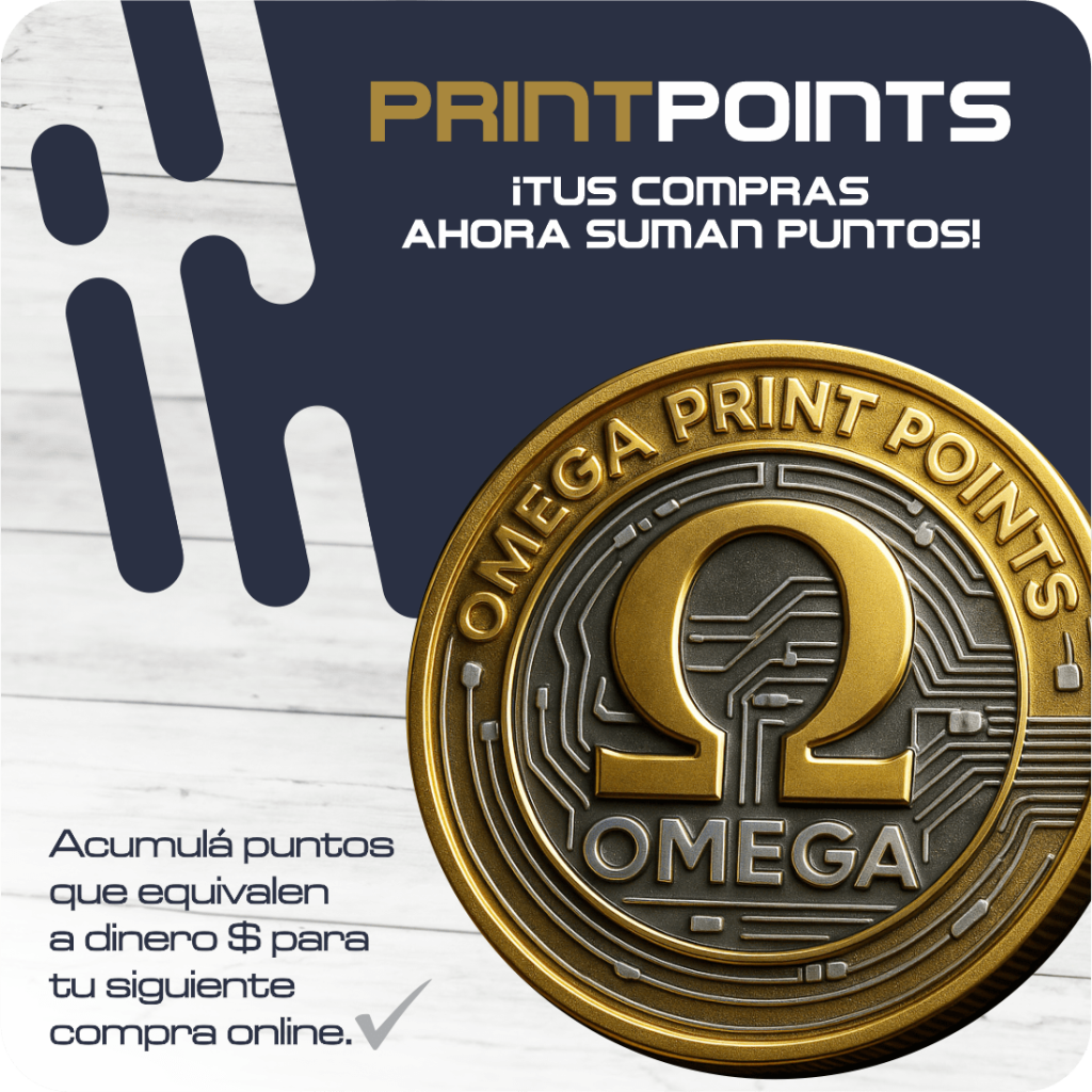 Imagen promocional del programa Omega PrintPoints en formato para celulares, con moneda dorada y mensaje sobre acumulación de puntos por compras online.