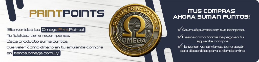 Banner de presentación del programa Omega PrintPoints con moneda dorada y texto informativo sobre cómo acumular puntos con las compras en Imprenta Omega.