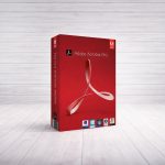 Caja de presentación de Adobe Acrobat Pro DC con fondo rojo intenso, logotipo blanco de Adobe y compatibilidades de sistema operativo visibles en la parte inferior.