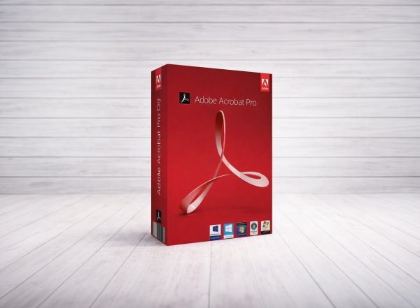 Caja de presentación de Adobe Acrobat Pro DC con fondo rojo intenso, logotipo blanco de Adobe y compatibilidades de sistema operativo visibles en la parte inferior.