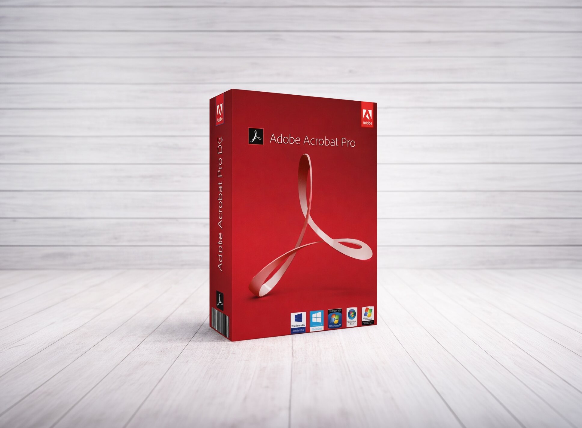 Caja de presentación de Adobe Acrobat Pro DC con fondo rojo intenso, logotipo blanco de Adobe y compatibilidades de sistema operativo visibles en la parte inferior.