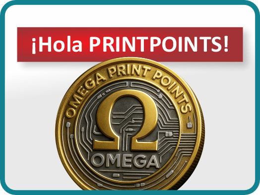 Moneda dorada con el símbolo de Omega y la inscripción “Omega Print Points”, representando el programa de puntos de fidelidad de Imprenta Omega.