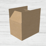Caja de cartón kraft abierta, mostrando su estructura interna sobre fondo de madera clara.