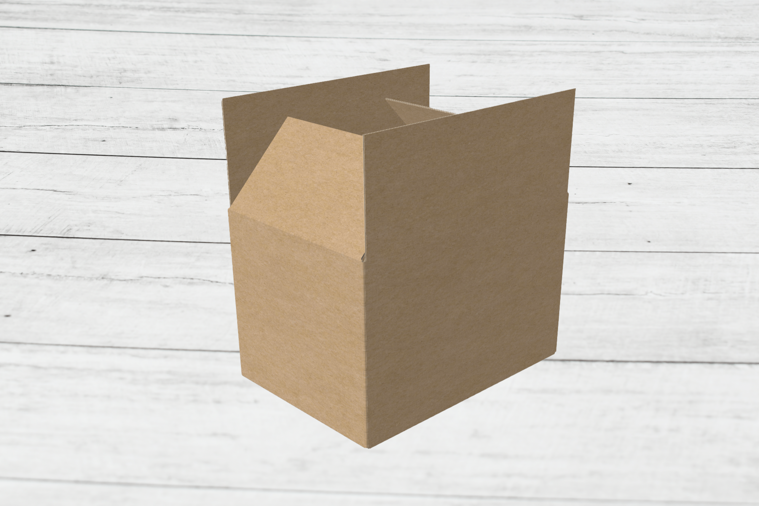 Caja de cartón kraft abierta, mostrando su estructura interna sobre fondo de madera clara.