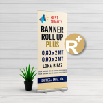 Banner Roll Up Plus de Imprenta Omega con estructura de aluminio y lona bifaz impresa, acompañado de planta decorativa sobre fondo de madera clara.
