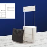 Diagrama con las medidas del mostrador promocional con cenefa, frente y laterales para diseño de la gráfica.