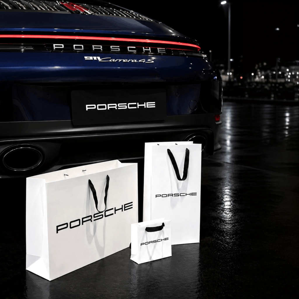 Bolsas corporativas premium de Porsche en diferentes formatos, fotografiadas frente a un Porsche 911 Carrera 4S azul en un entorno nocturno. La escena destaca el contraste entre el blanco del packaging, los detalles negros de las asas y la estética elegante y minimalista de la marca.