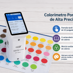 Colorímetro LS173 sobre carta de colores mostrando sus principales funciones y aplicaciones.