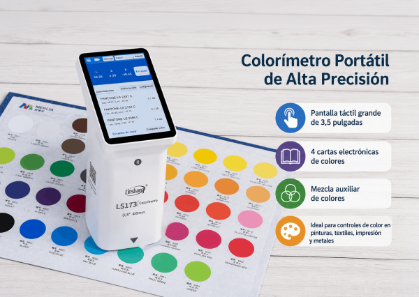 Colorímetro LS173 sobre carta de colores mostrando sus principales funciones y aplicaciones.