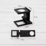 Dimensiones del cuenta hilos profesional 10X con escala integrada y luz LED.