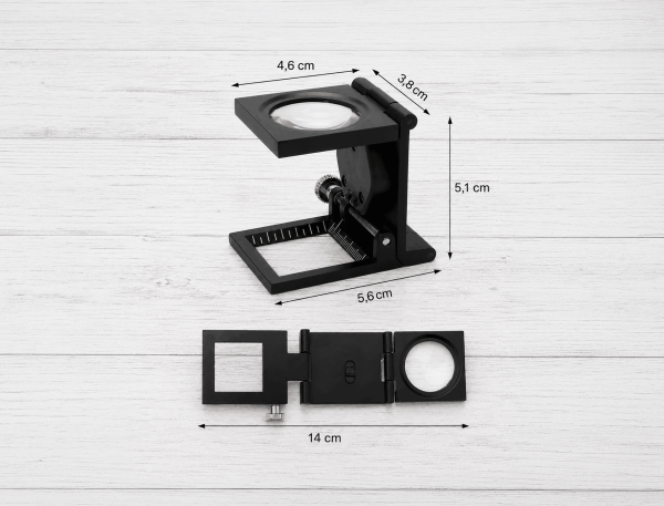 Dimensiones del cuenta hilos profesional 10X con escala integrada y luz LED.