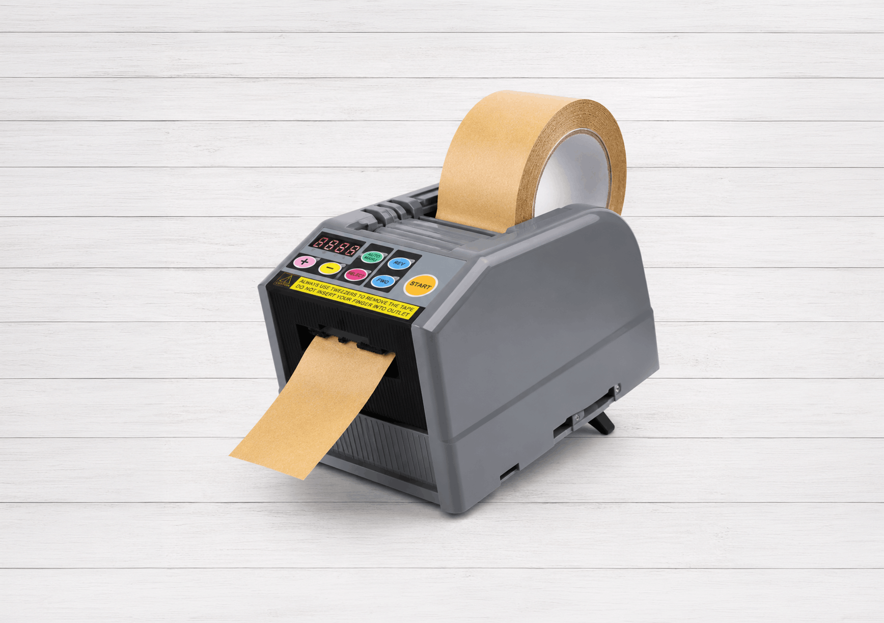 Dispensadora automática de cintas adhesivas con programación digital de longitud de corte.