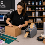 Dispensadora automática de cintas adhesivas con corte digital programable para packaging y embalaje.
