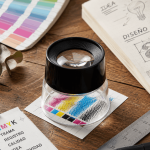 Cuenta hilos profesional 10X inspeccionando una trama CMYK sobre una mesa de trabajo de diseño gráfico e impresión.
