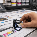 Cuenta hilos profesional 10X utilizado sobre una prueba de color en un entorno de imprenta.