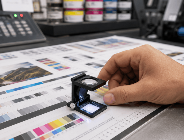 Cuenta hilos profesional 10X utilizado sobre una prueba de color en un entorno de imprenta.