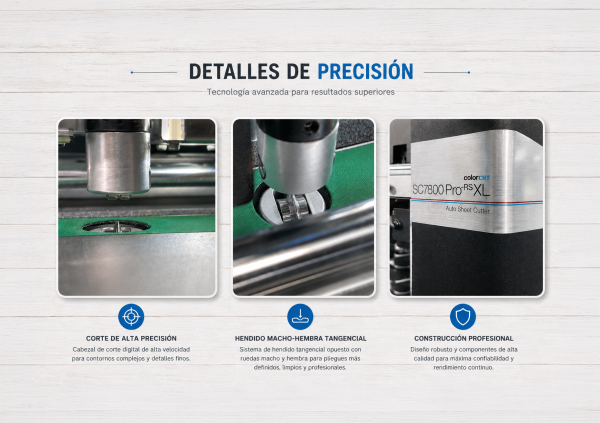 Detalles técnicos de la ColorCut SC7800 Pro-RS XL mostrando el sistema de corte digital y el exclusivo hendido macho-hembra tangencial.