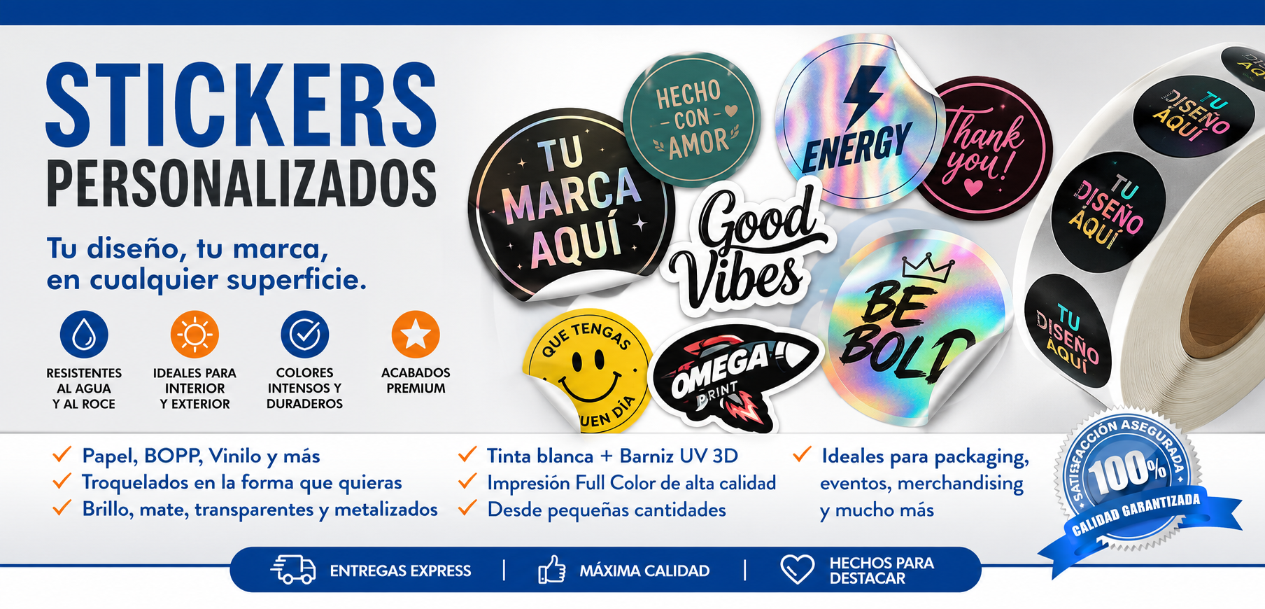 Banner de stickers personalizados en papel, BOPP y vinilo con diferentes formas, colores y terminaciones premium.