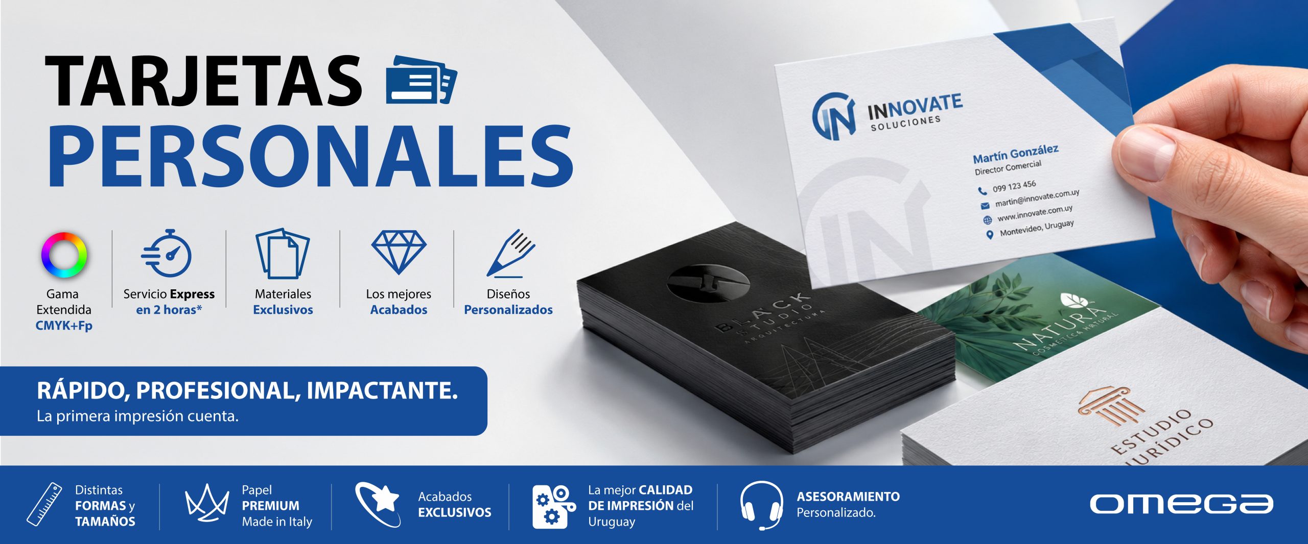 Banner de tarjetas personales premium impresas por Imprenta Omega con muestras de acabados especiales, papeles de alta calidad y servicio de impresión profesional.