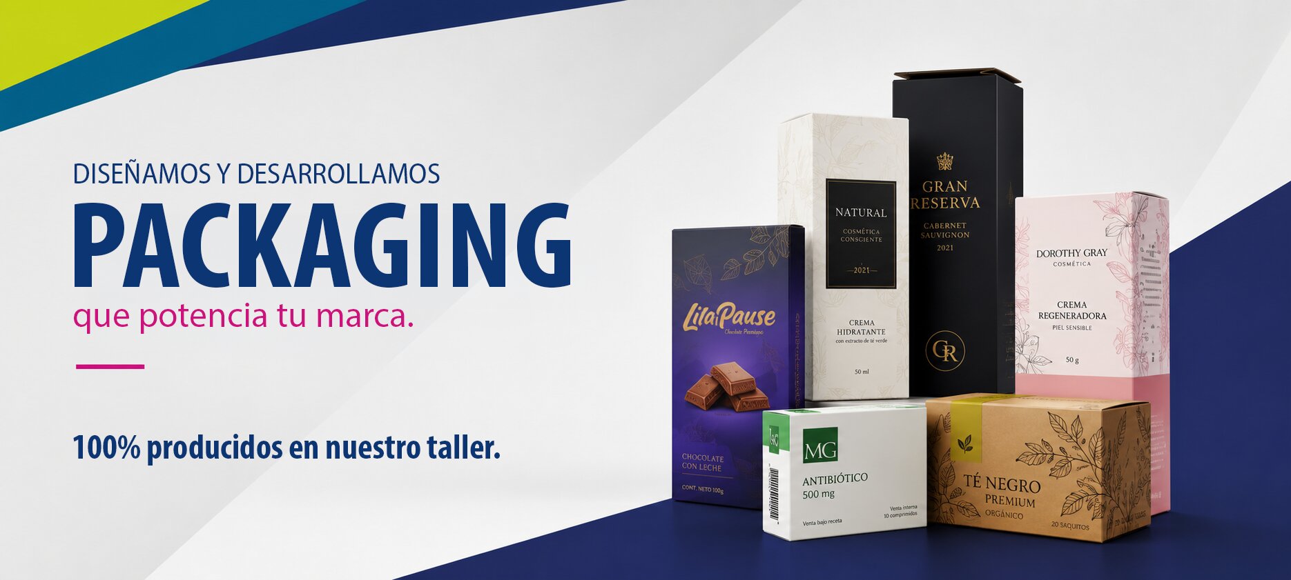 Packaging personalizado y estuches de cartulina desarrollados por Imprenta Omega para diferentes productos e industrias.