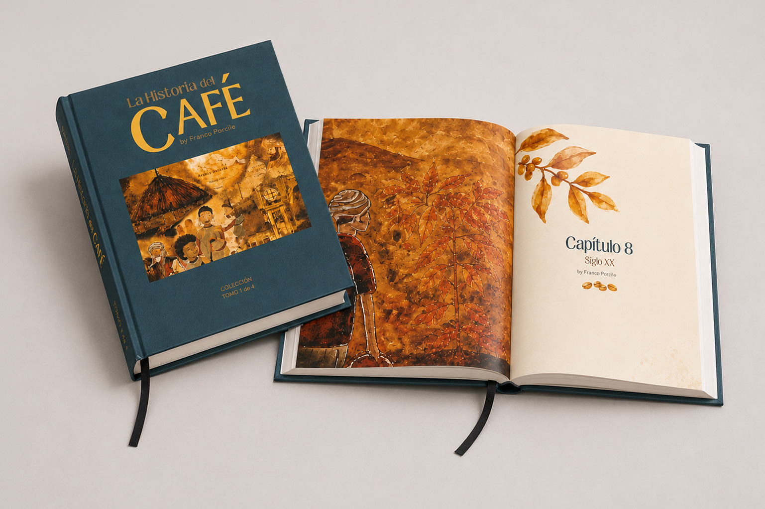 Libro La Historia del Café abierto y cerrado mostrando su tapa y diseño interior impreso en tapa dura de alta calidad