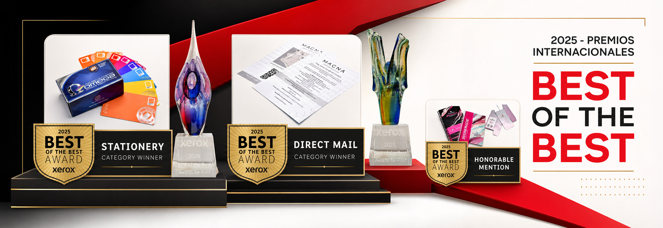 Imprenta Omega obtuvo dos premios Xerox Best of the Best 2025 en las categorías Stationery y Direct Mail, además de una Mención Honorífica por trabajos de impresión digital premium.