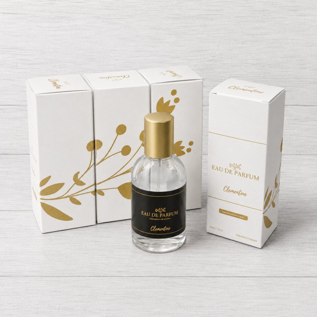 Packaging personalizado Clementine Eau de Parfum con estuches blancos, detalles dorados y botella de perfume con acabado premium.