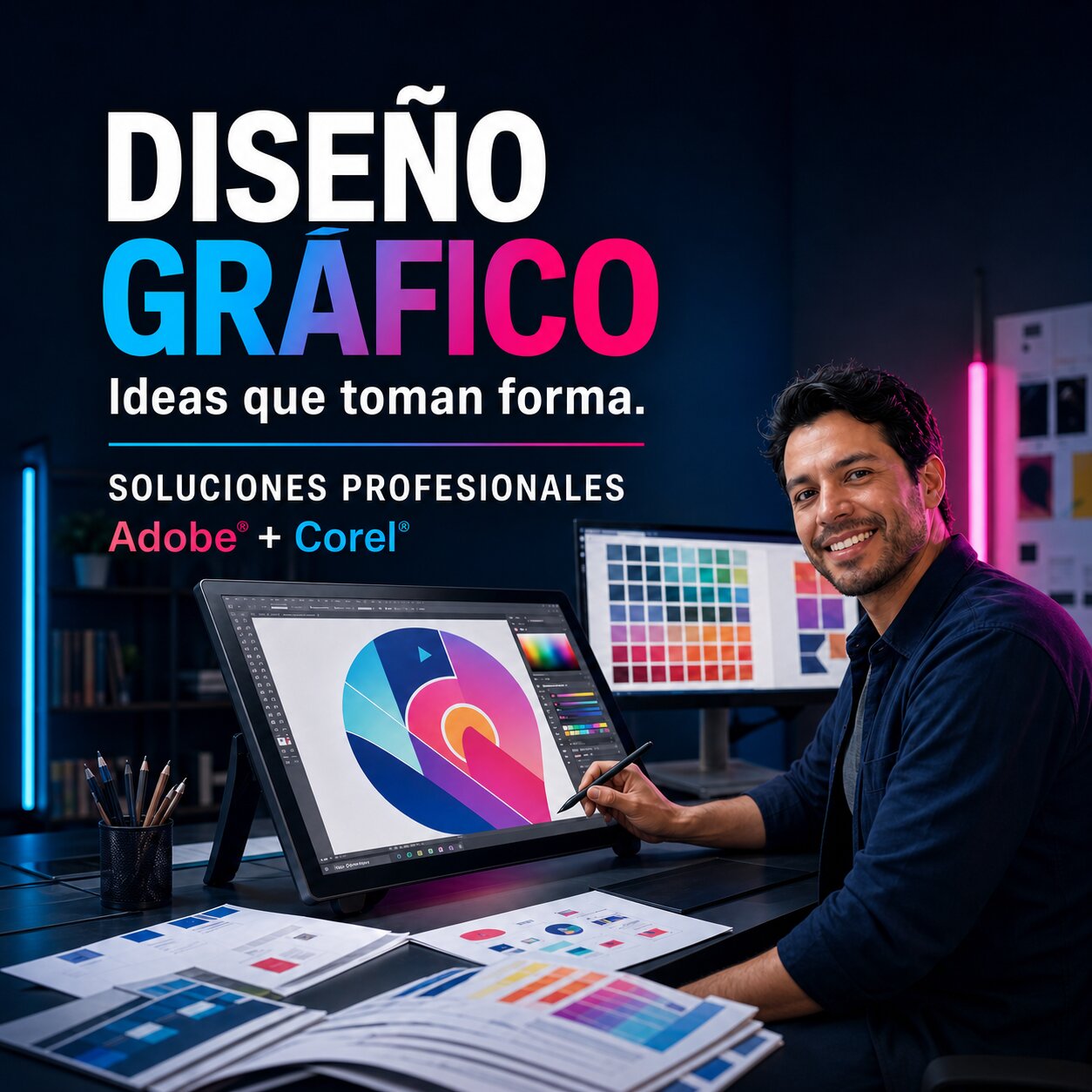 Servicio de diseño gráfico profesional de Imprenta Omega para crear identidad visual, piezas publicitarias, packaging, papelería corporativa y archivos listos para impresión.