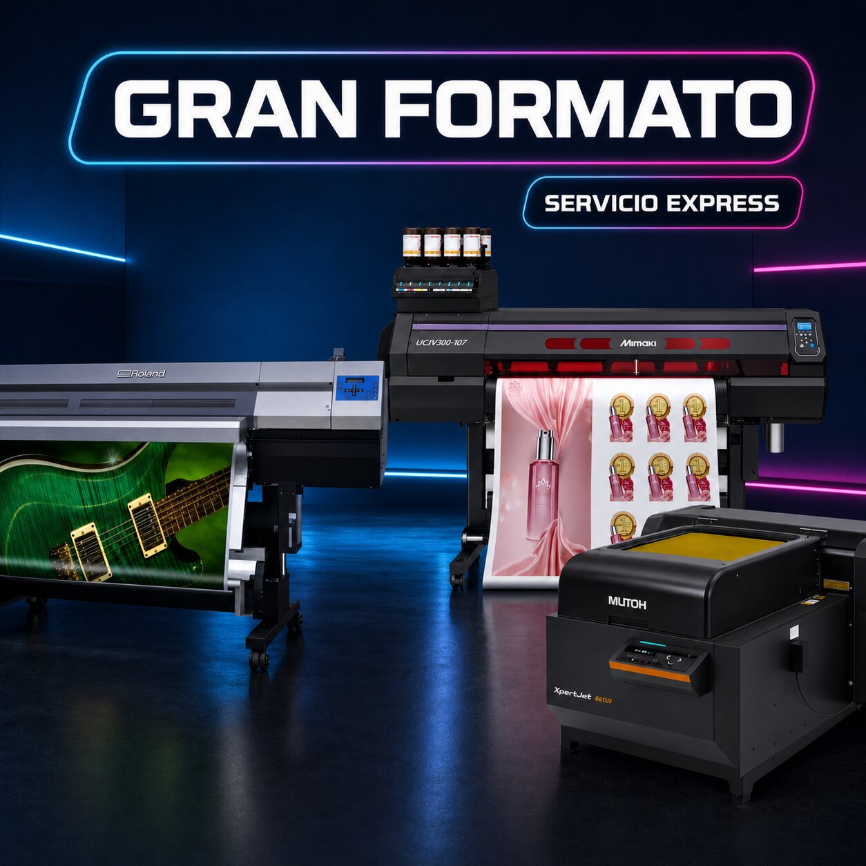 Equipos de impresión en gran formato de Imprenta Omega para producir carteles, vinilos, lonas, banners, roll ups, señalética, displays y aplicaciones gráficas de alta calidad en Uruguay.