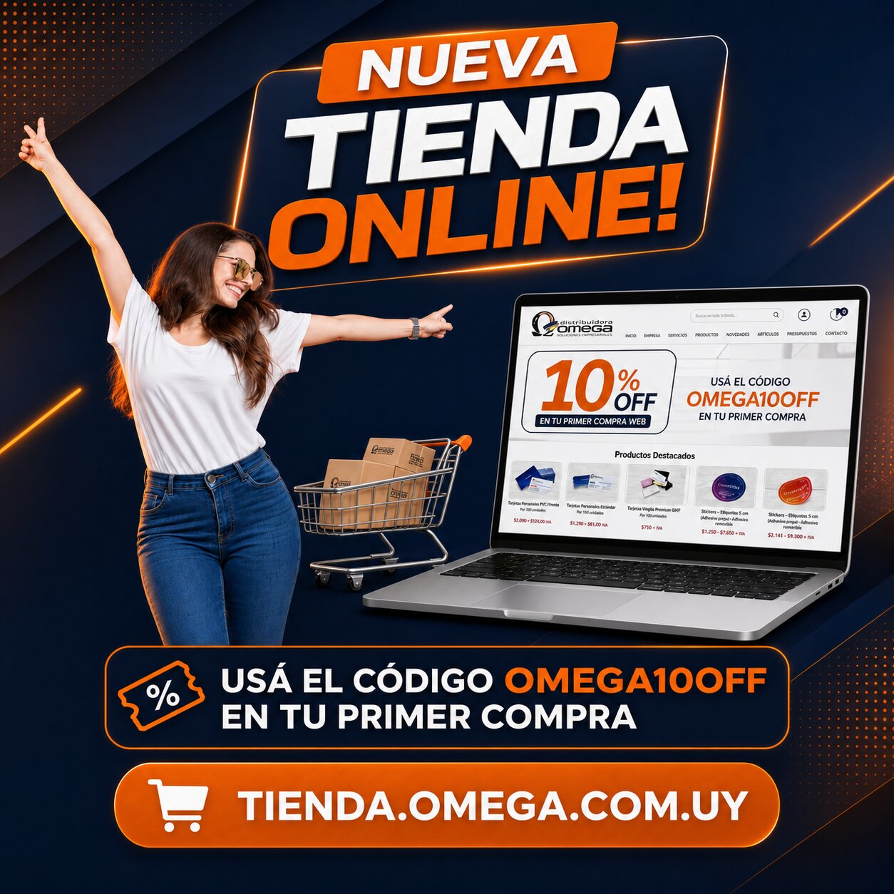 Tienda online de Imprenta Omega para comprar tarjetas personales, stickers, etiquetas, papelería comercial, packaging y productos impresos personalizados en Uruguay.