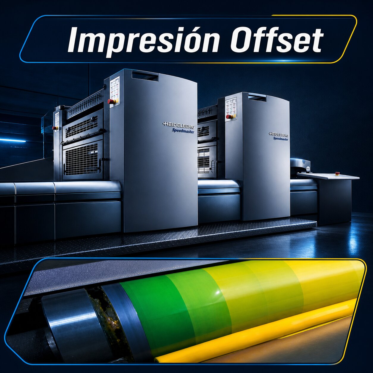Prensa offset de alta producción utilizada por Imprenta Omega para imprimir catálogos, revistas, folletos, libros, packaging y materiales comerciales con máxima calidad.