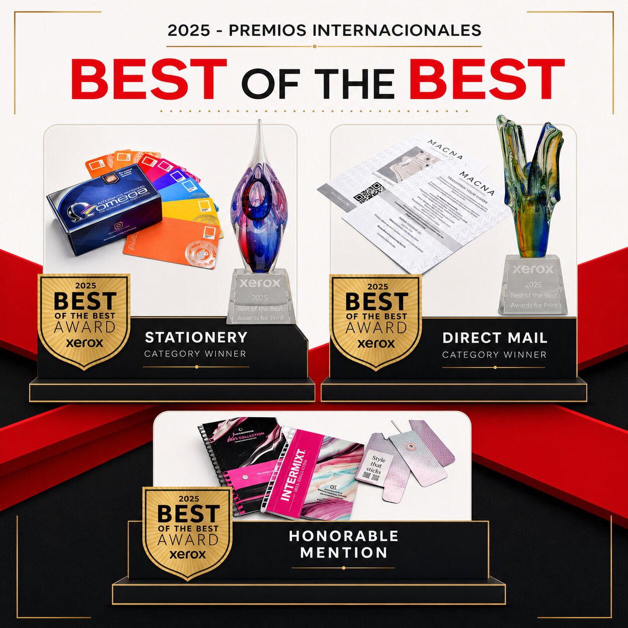 Imprenta Omega obtuvo dos premios Xerox Best of the Best 2025 en las categorías Stationery y Direct Mail, además de una Mención Honorífica por trabajos de impresión digital premium.