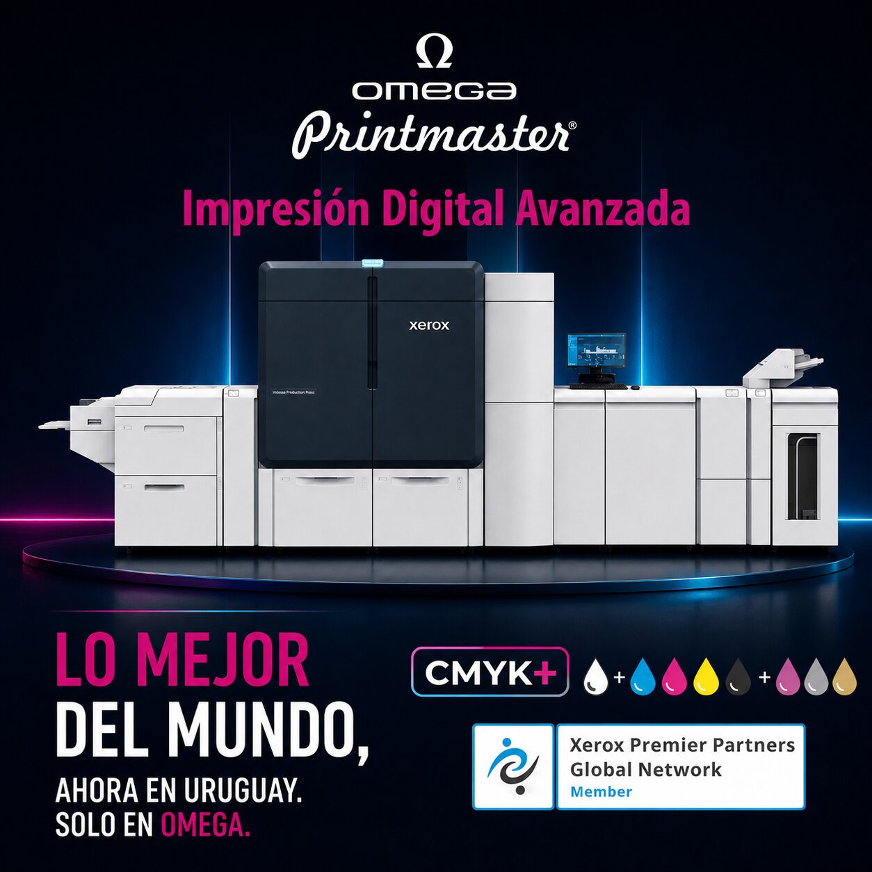 Xerox Iridesse Production Press de Imprenta Omega Printmaster en Uruguay, con tecnología CMYK+, tintas especiales y acabados premium para impresión digital de alta gama.