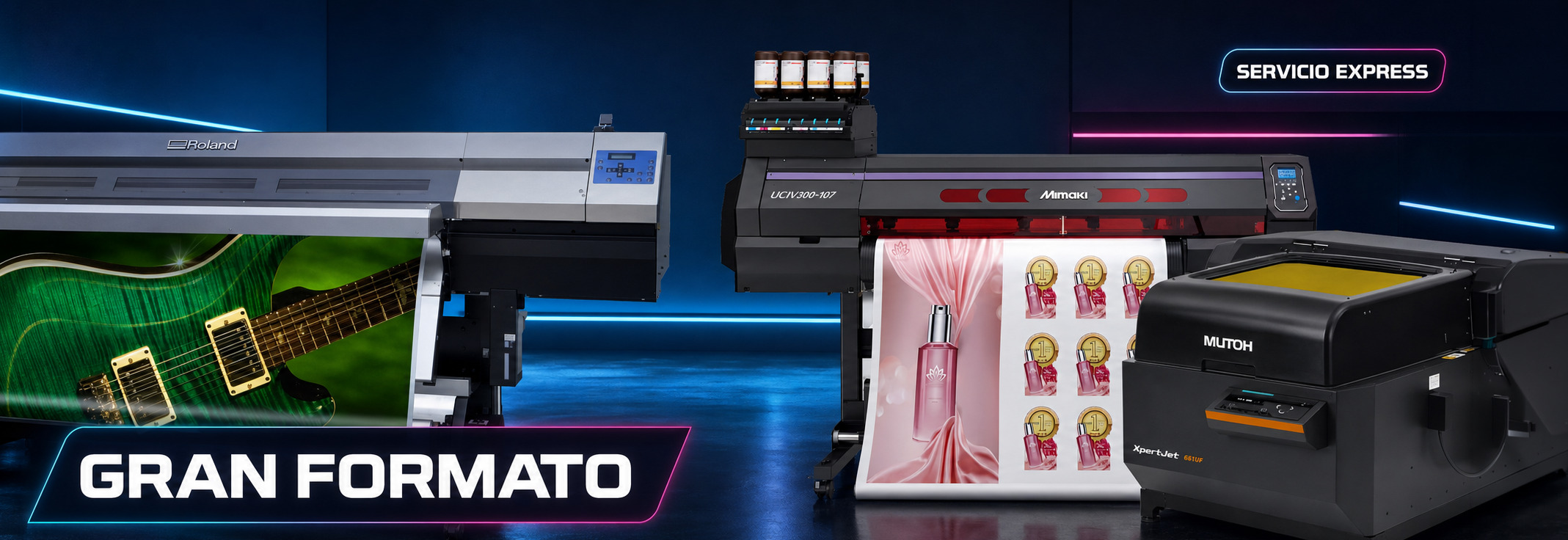 Equipos de impresión en gran formato de Imprenta Omega para producir carteles, vinilos, lonas, roll ups, señalética, displays, etiquetas UV y gráficos promocionales de alta calidad en Uruguay.