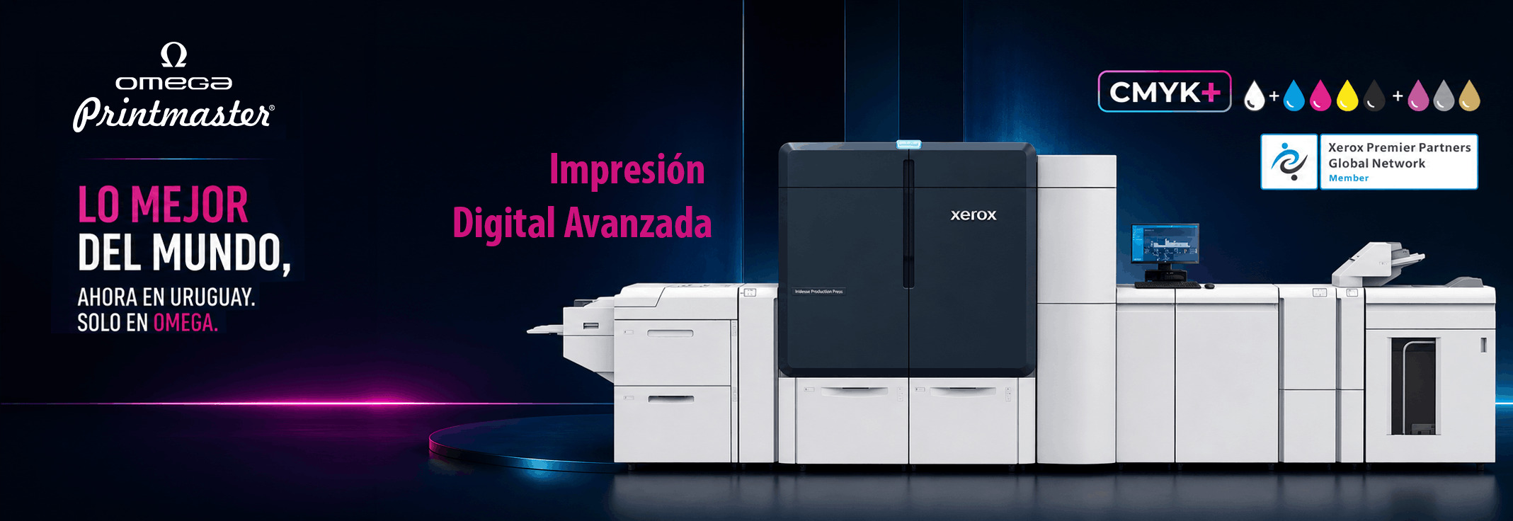Xerox Iridesse Production Press de Omega Printmaster con tecnología CMYK+, tintas especiales y acabados premium para impresión digital de alta calidad en Uruguay.