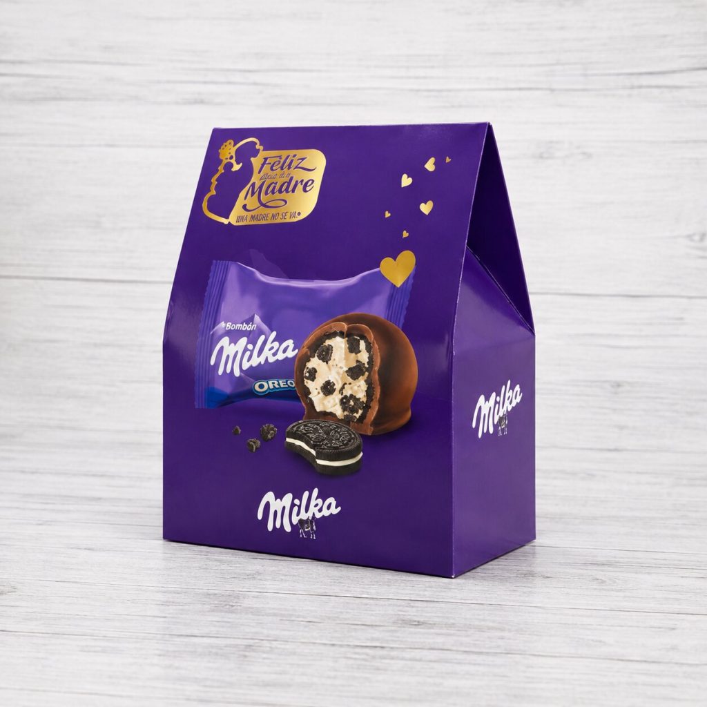 Estuche tipo exhibidor personalizado Milka Oreo en color violeta con diseño para regalo, impresión gráfica y presentación de producto.