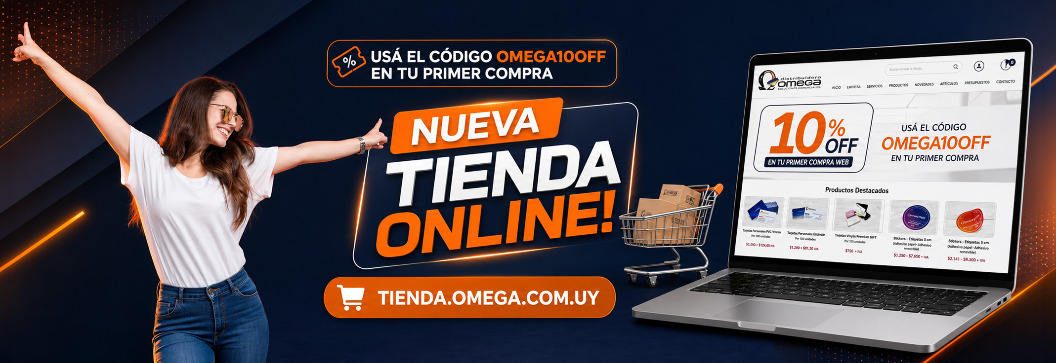 Banner de la tienda online de Imprenta Omega para comprar tarjetas personales, stickers, etiquetas, papelería, packaging y productos impresos personalizados con envío a todo Uruguay.